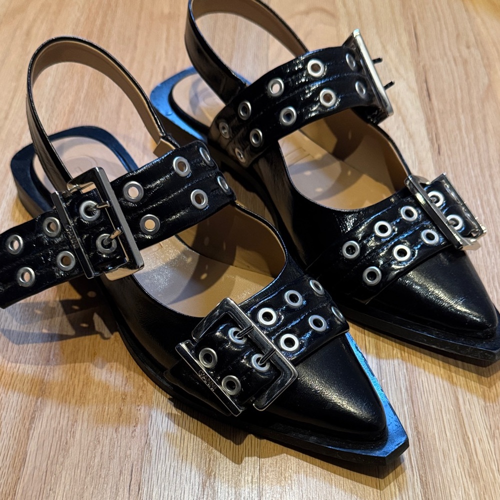 Ganni Feminine Buckle Ballerinas in Black, Size 10 / 41